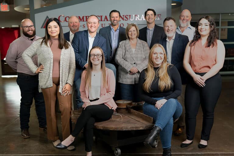 A group of twelve people, dressed in business casual attire, standing and sitting in a room with a logo that reads "Commercial Insurance Associates" in the background.