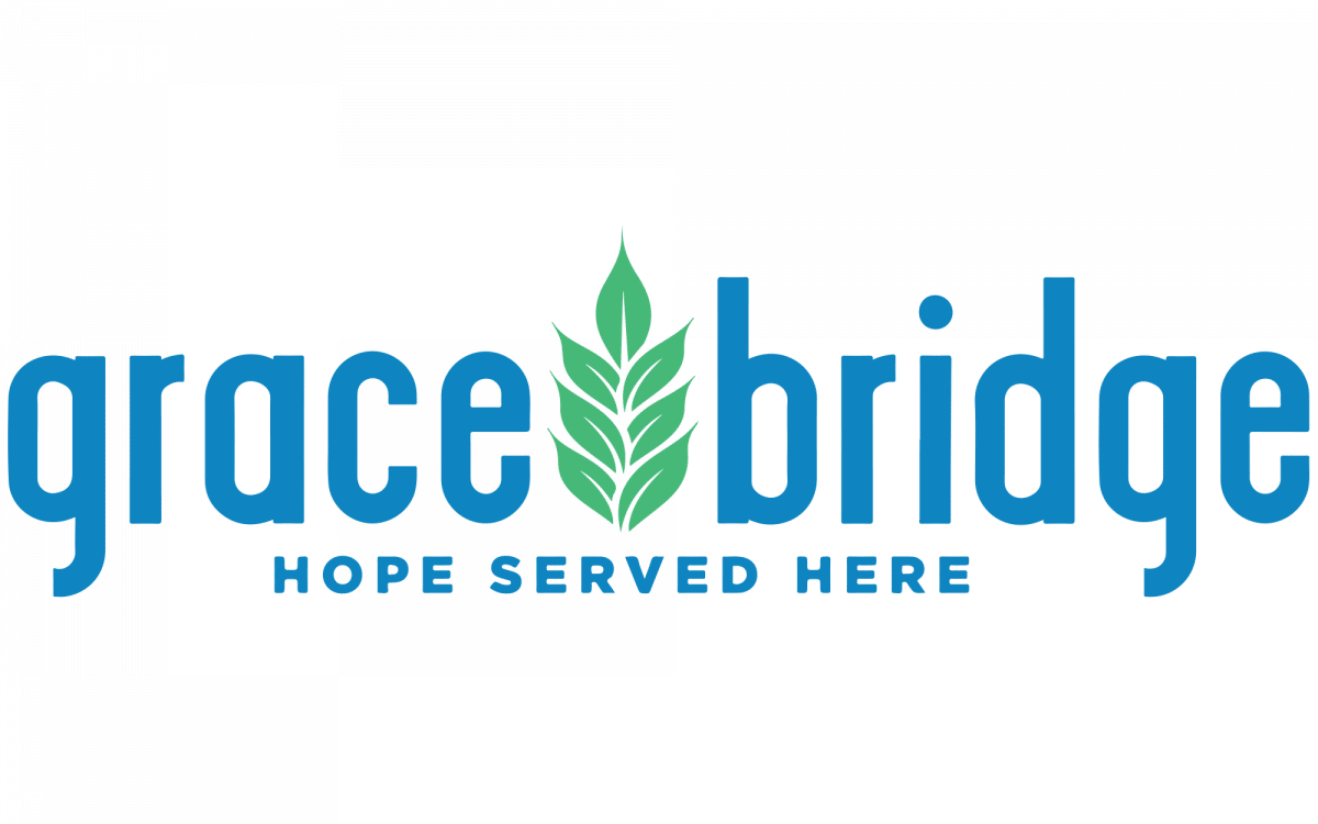 Grace Bridge logo featuring blue text with a green leaf in the center and the tagline "Hope Served Here" underneath.