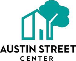 Logo of Austin Street Center featuring a stylized house and tree above the text "Austin Street Center.