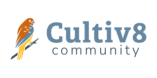 Logo for Cultiv8 Community featuring an illustration of a brown and blue bird perched on a branch next to the text "Cultiv8 community.