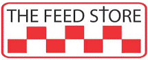 Logo of The Feed Store with a red and white checkered pattern beneath the text.