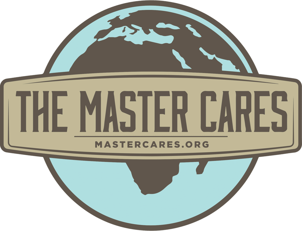 Logo of The Master Cares organization, featuring a stylized globe with Africa prominent, and the website mastercares.org at the bottom.