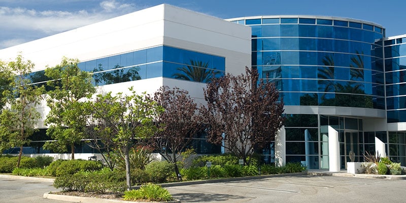 Modern office building with blue-tinted glass windows, white exterior, and surrounding landscaping with trees and shrubs under a clear sky.